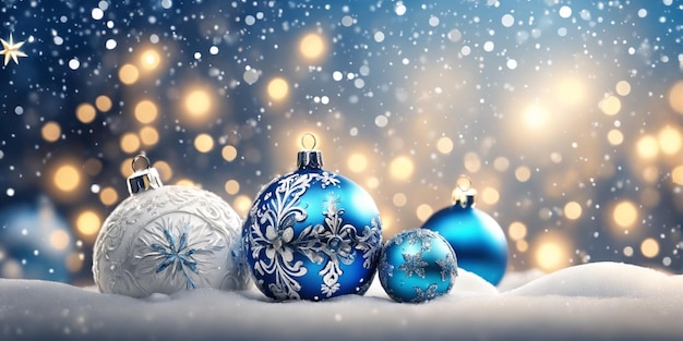 Illustration de Noël avec des branches d'arbres de Noël, des boules bleues et blanches et d'autres décorations AI générative