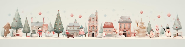 Illustration de Noël horizontale avec de belles maisons et des pins Toile de fond de Noël AI générative