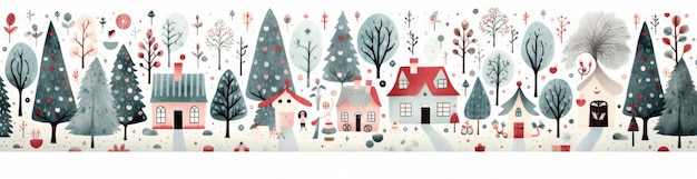 Illustration de Noël horizontale avec de belles maisons et des pins Toile de fond de Noël isolée sur blanc AI générative