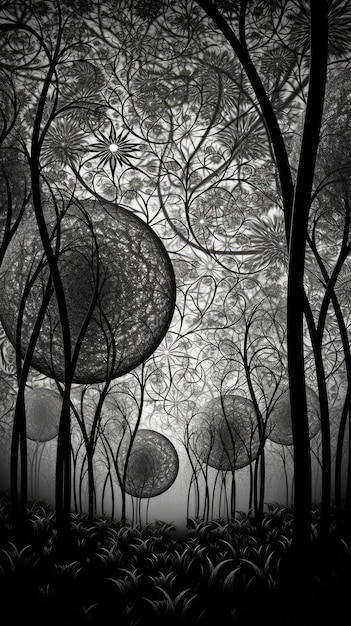 Une illustration en noir et blanc d'arbres avec un motif de cercles et d'étoiles.