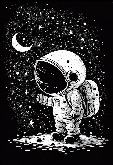 Une illustration en noir et blanc d'un astronaute sur la lune.