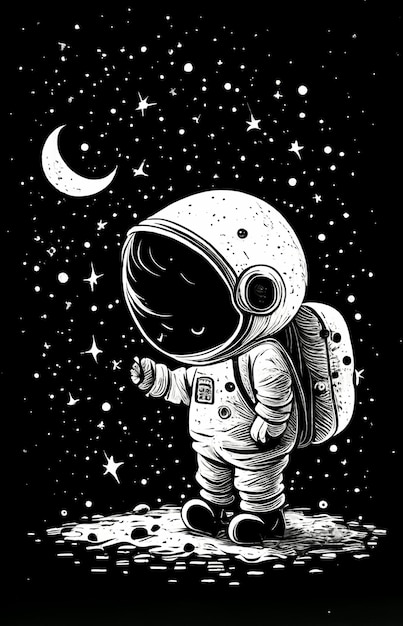 Une illustration en noir et blanc d'un astronaute par une nuit au clair de lune.