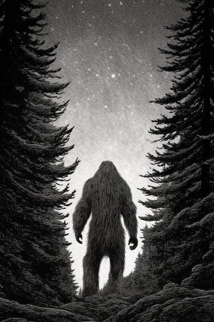 Une illustration en noir et blanc d'un bigfoot debout dans les bois ai générative