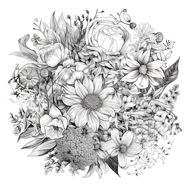 Une illustration en noir et blanc d'un bouquet de fleurs.