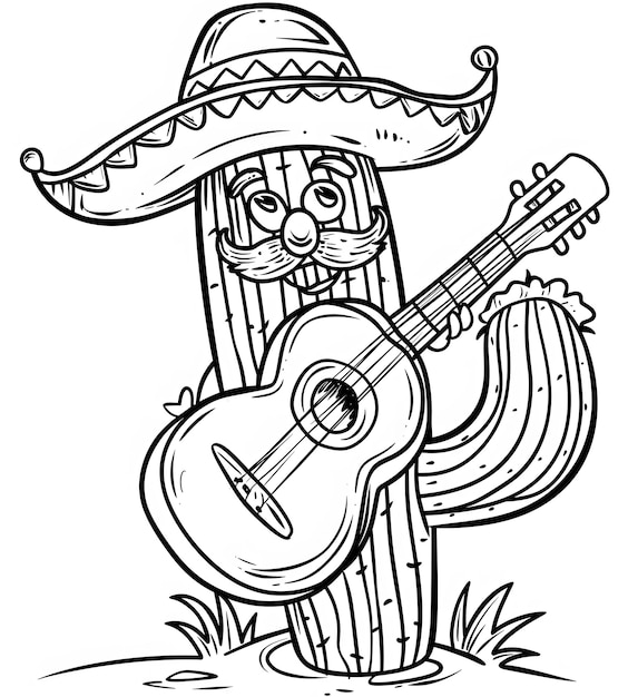Photo illustration en noir et blanc d'un cactus portant un chapeau mexicain