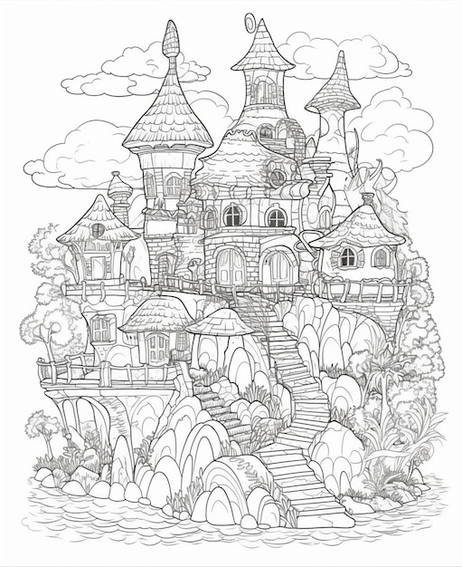 Illustration en noir et blanc d'un château de conte de fées sur une colline.