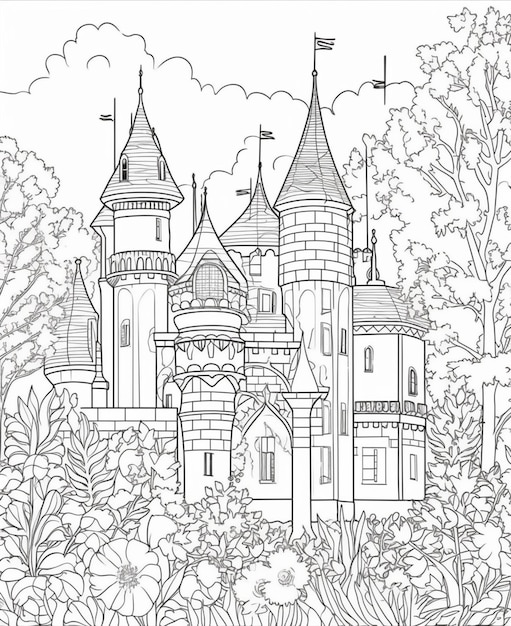 Illustration en noir et blanc d'un château de conte de fées dans la forêt.