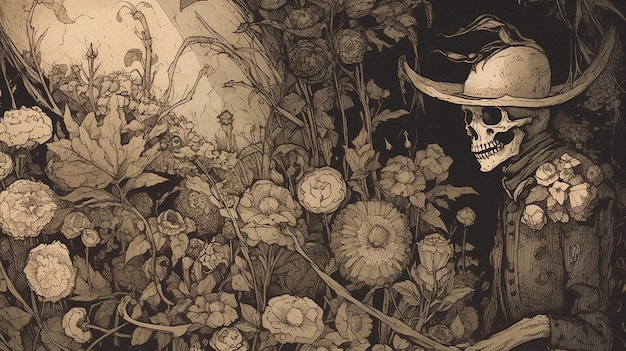 Une illustration en noir et blanc d'un crâne et de fleurs.