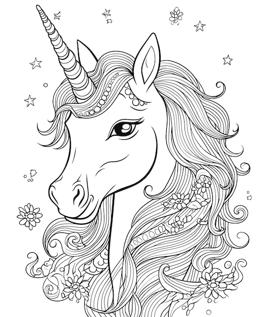 Illustration en noir et blanc du mandala pour colorier les animaux licorne