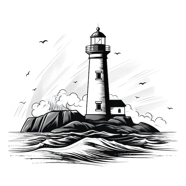 Photo illustration en noir et blanc du phare sur l'océan