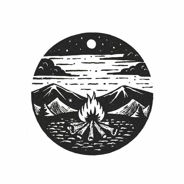 Photo une illustration en noir et blanc d'un feu de camp et de montagnes