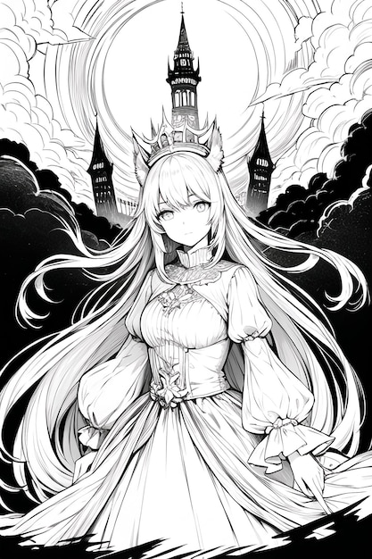 Une illustration en noir et blanc d'une fille aux cheveux longs et une couronne sur la tête.