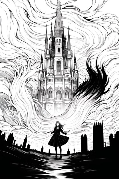 Une illustration en noir et blanc d'une fille debout devant une ville avec un château au sommet.