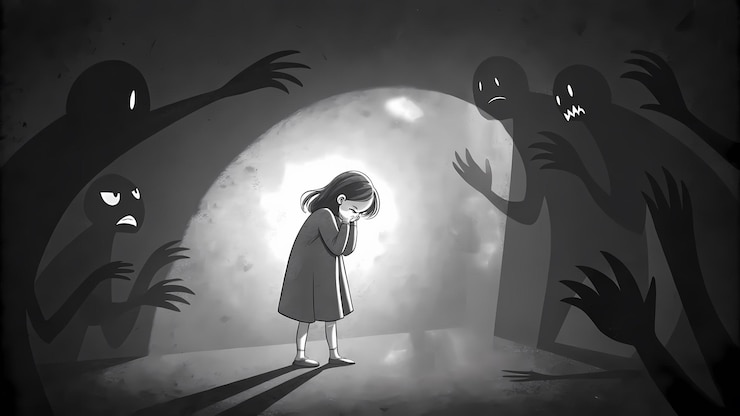 Photo illustration en noir et blanc d'une fille piégée à l'ombre de la main de l'oppression