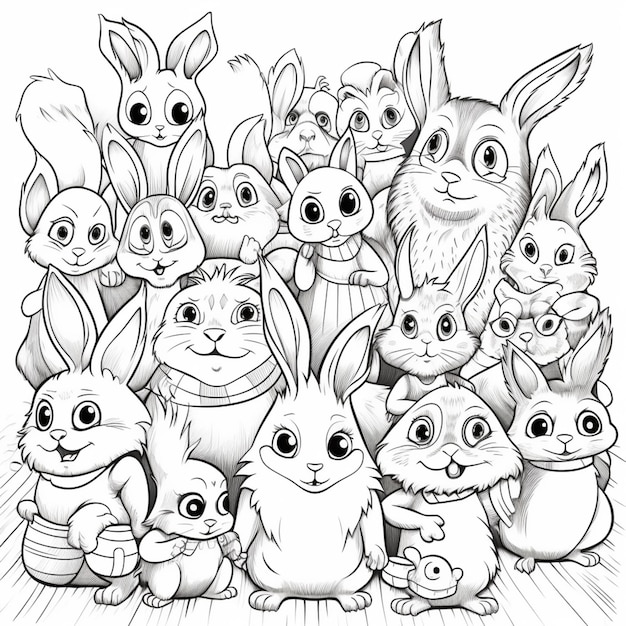 Une illustration en noir et blanc d'un groupe de lapins