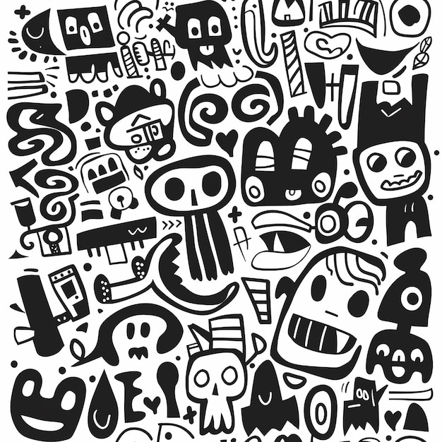 une illustration en noir et blanc d'un groupe de personnes avec des visages et des visages