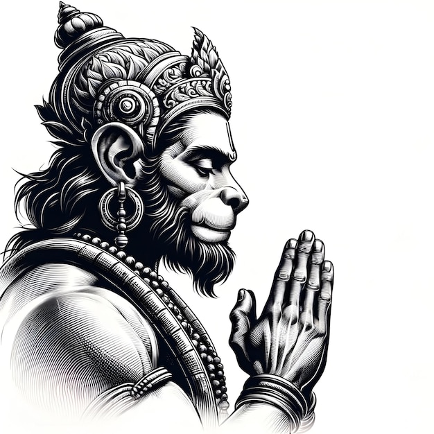 Photo illustration en noir et blanc de hanuman dans une pose respectueuse