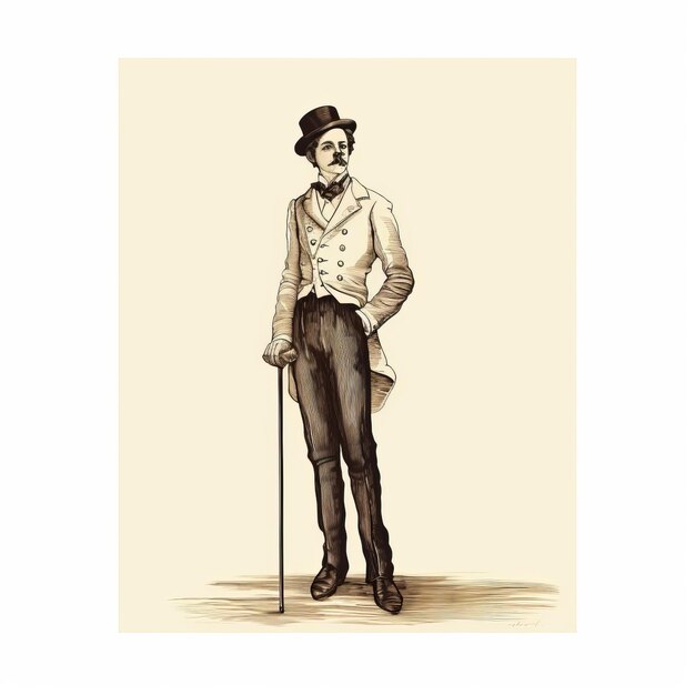 Photo illustration en noir et blanc d'un homme avec une canne dans le style victorien