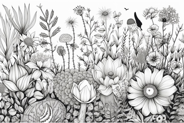 Une illustration en noir et blanc d'un jardin avec des fleurs et des oiseaux.