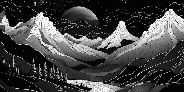 Une illustration en noir et blanc de montagnes avec une rivière au milieu.