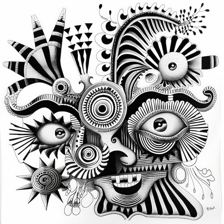 Photo illustration en noir et blanc d'un ornement ethnique avec un design artistique entièrement tribal