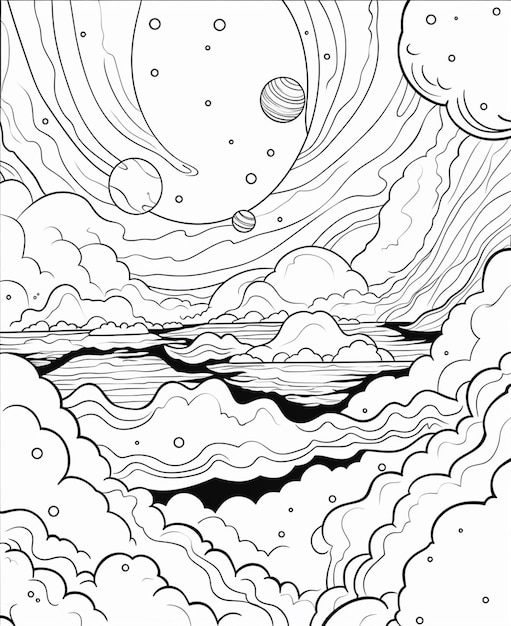 Une illustration en noir et blanc d'un paysage marin avec des nuages et des planètes.