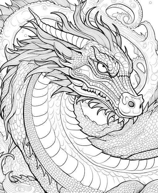 Photo illustration en noir et blanc pour colorer des animaux dragon focus doux sélectif