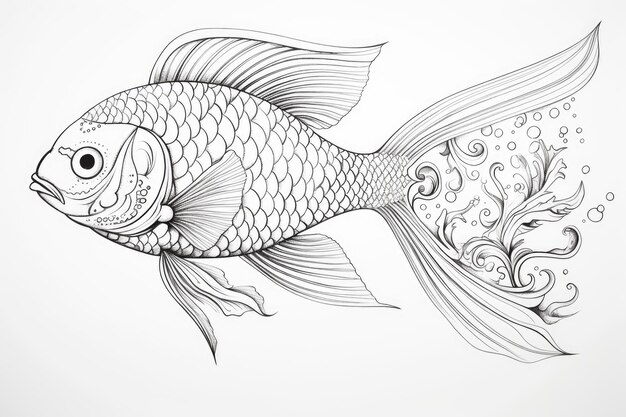 Illustration en noir et blanc pour colorer les animaux et les poissons