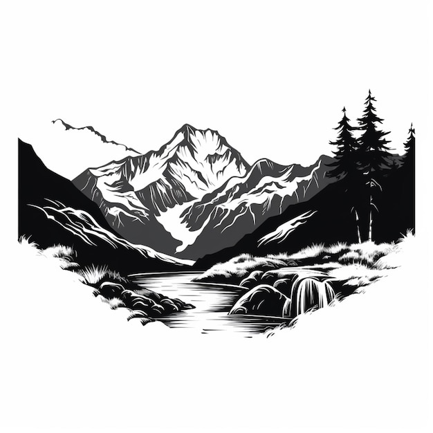 une illustration en noir et blanc d'une rivière de montagne avec une chute d'eau générative ai