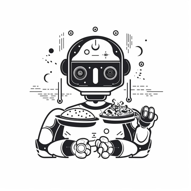 Photo une illustration en noir et blanc d'un robot tenant une pizza générative ai