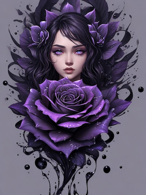 Une illustration en noir et blanc d'une rose violet foncé