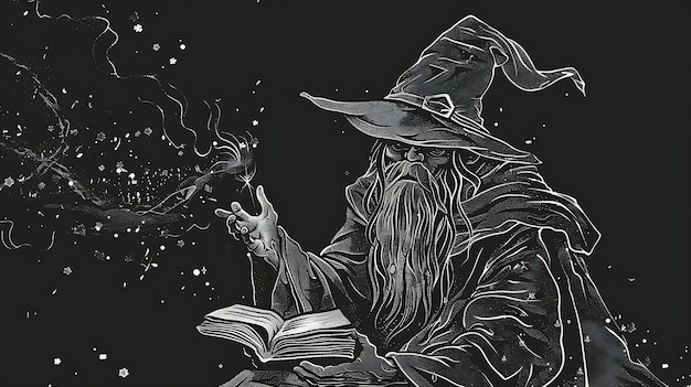 Photo une illustration en noir et blanc d'un sorcier avec une longue barbe et un chapeau pointu