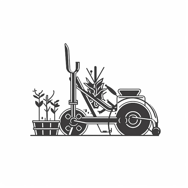 Une illustration en noir et blanc d'un tracteur avec une brouette et une jardinière.