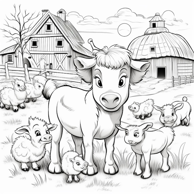une illustration en noir et blanc d'une vache et de son bébé mouton génératif ai