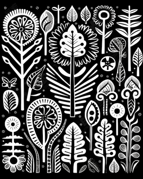 Photo une illustration en noir et blanc d'une variété de plantes et d'arbres génératifs ai