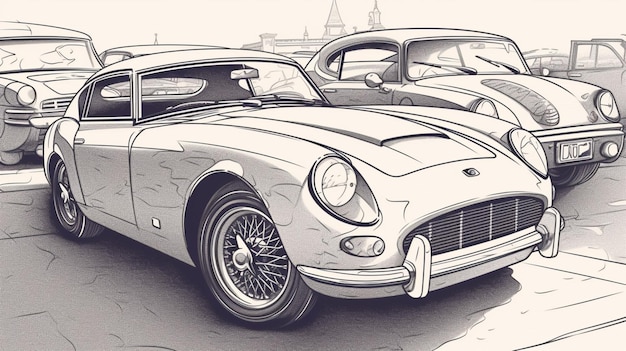 Une illustration en noir et blanc d'une voiture classique.