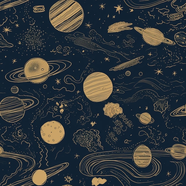 Une illustration en noir et or des planètes et des étoiles.