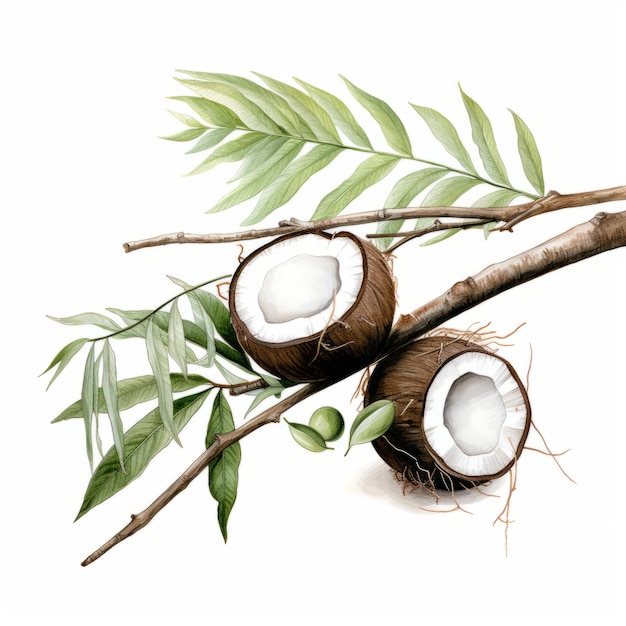 Illustration de noix de coco avec des feuilles et de la verdure sur la vigne