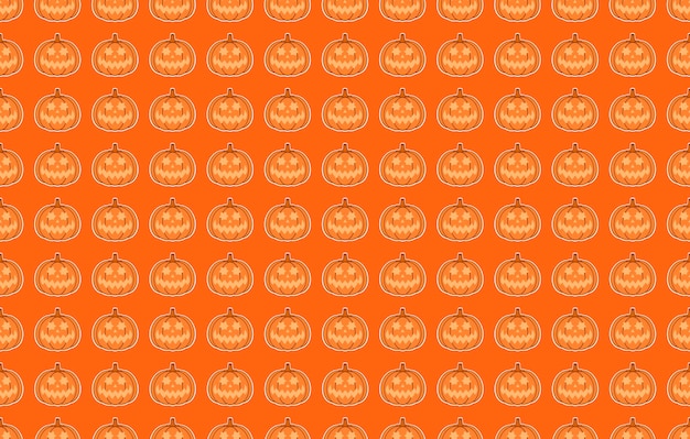 Illustration de nombreuses citrouilles avec visage pour la fête d'Halloween formant un motif sur fond orange