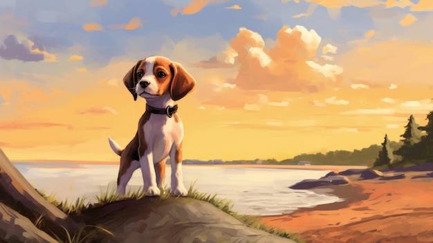 Illustration nostalgique d'un chiot de beagle sur les côtes de l'île du Prince Édouard