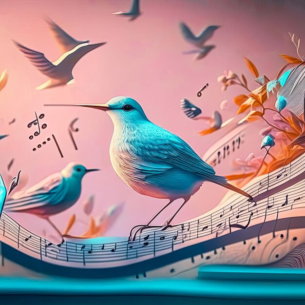 Illustration de notes de musique et de chants d'oiseaux aux couleurs pastel