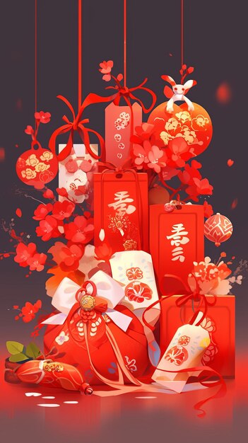 illustration La nouvelle année, la fête du printemps, le sac de la chance en rouge