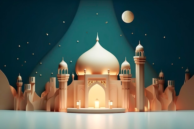 Illustration de la nuit de l'Aïd Moubarak avec la lumière d'une lampe de style papier de luxe joyeux fond de l'Aïd AI Générative