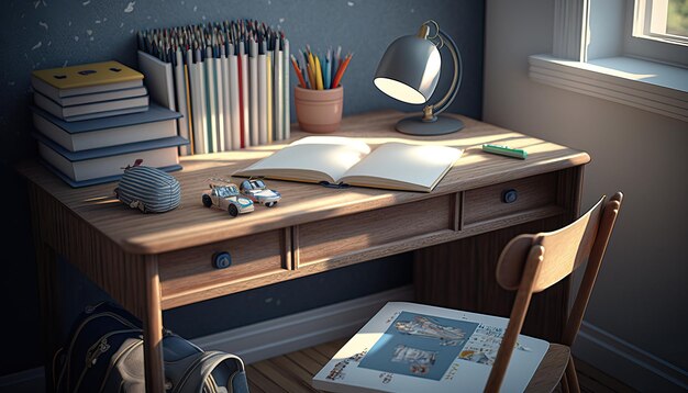 Illustration numérique 3D d'une chambre d'enfant de table d'étude et d'un bureau d'étudiant Generative Ai