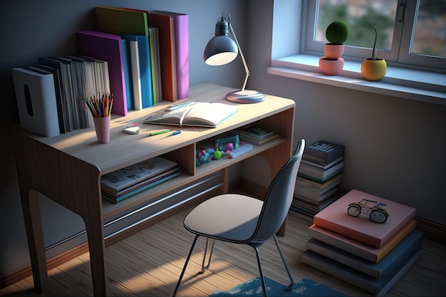 Illustration numérique 3D d'une chambre d'enfant de table d'étude et d'un bureau d'étudiant Generative Ai