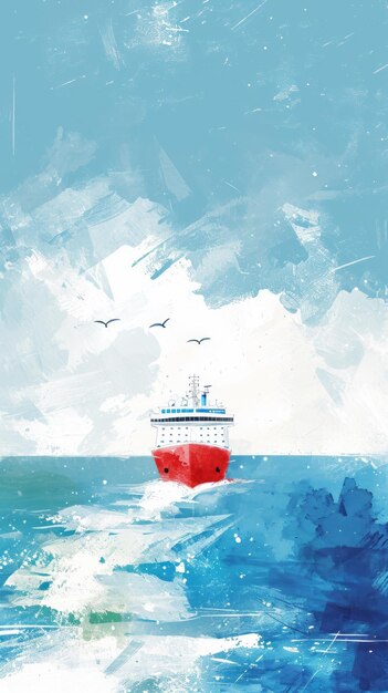 Une illustration numérique abstraite minimaliste représente un dessin à l'aquarelle d'un navire de croisière naviguant sur la mer contre un ciel bleu
