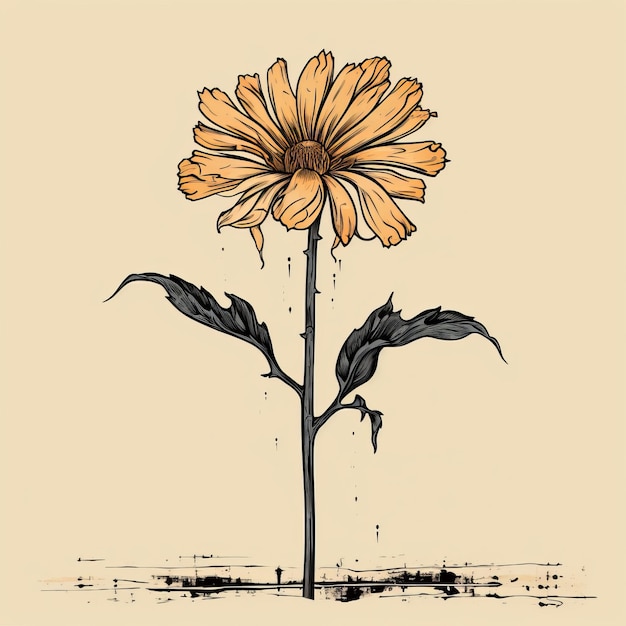 Illustration numérique agressive d'une fleur jaune pourrie sur un fond beige