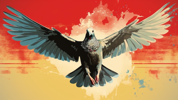 Photo illustration numérique agressive d'un pigeon sur un fond vibrant