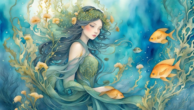 Illustration numérique à l'aquarelle avec une algue cramoisie et des fleurs sous-marines