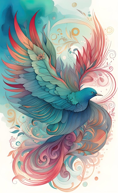 Illustration numérique à l'aquarelle d'un beau oiseau fantastique magique avec des ailes lumineuses